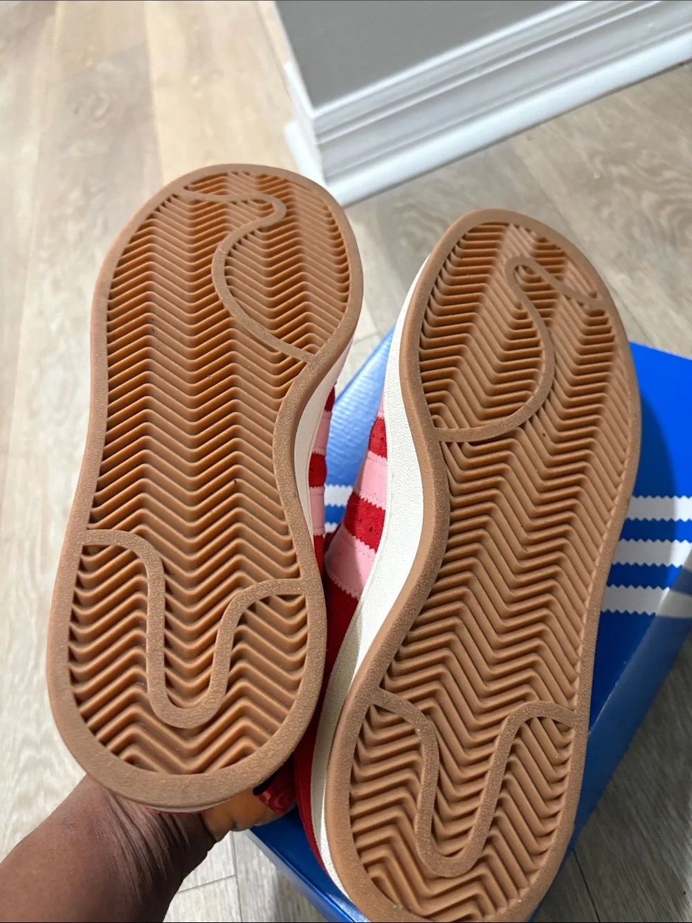 adidas Kids Red Sneakers with Pink Stripes